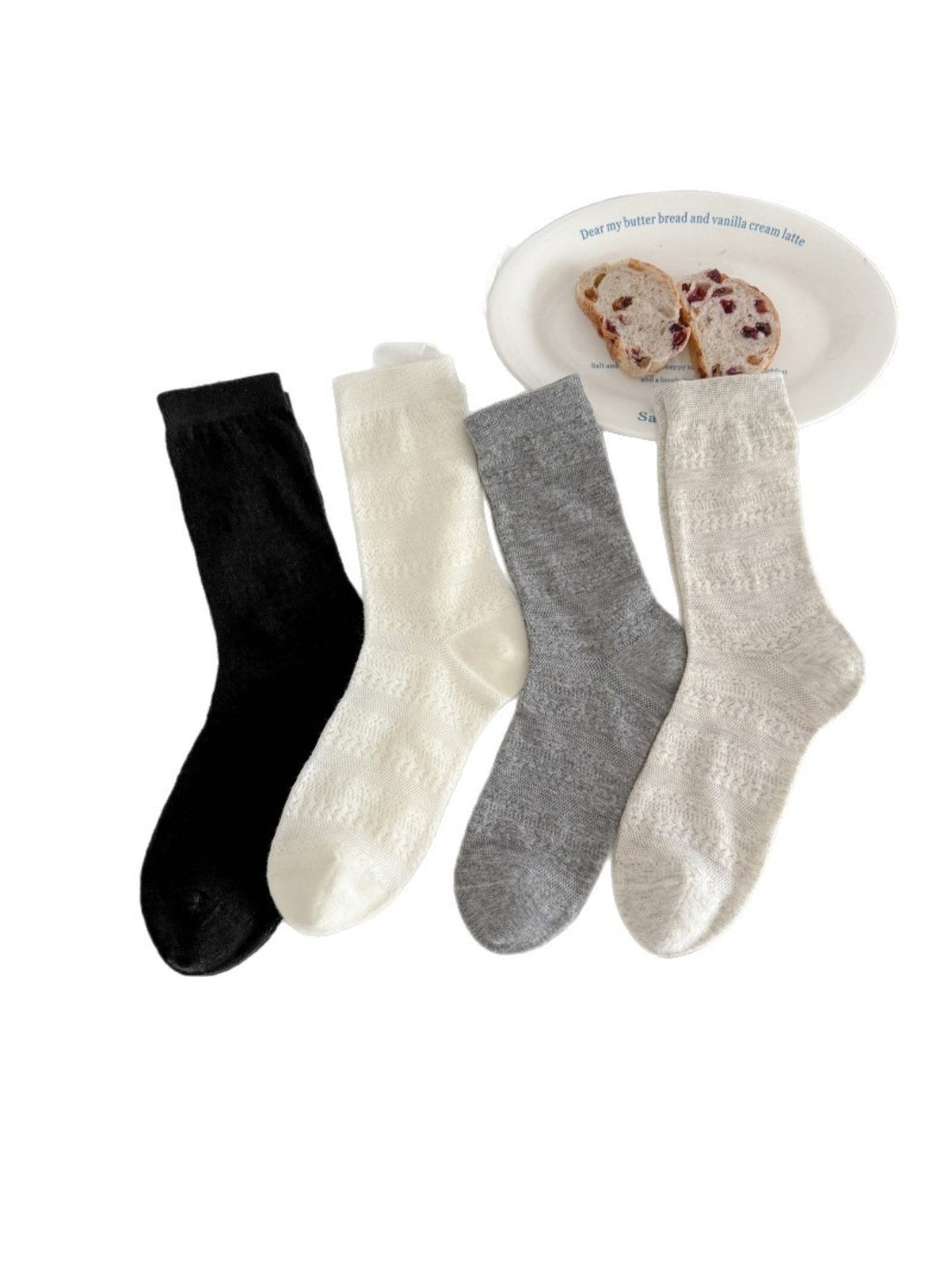 Rufia neutral textured crew socks displayed side by side on white background