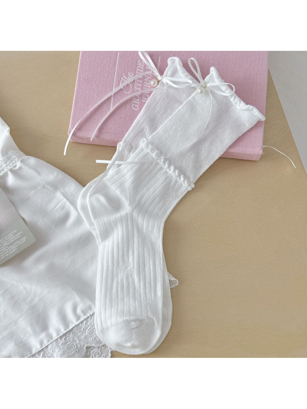 Rufia - Ribbon Bow Detail Rolled Cuffs Crew Socks