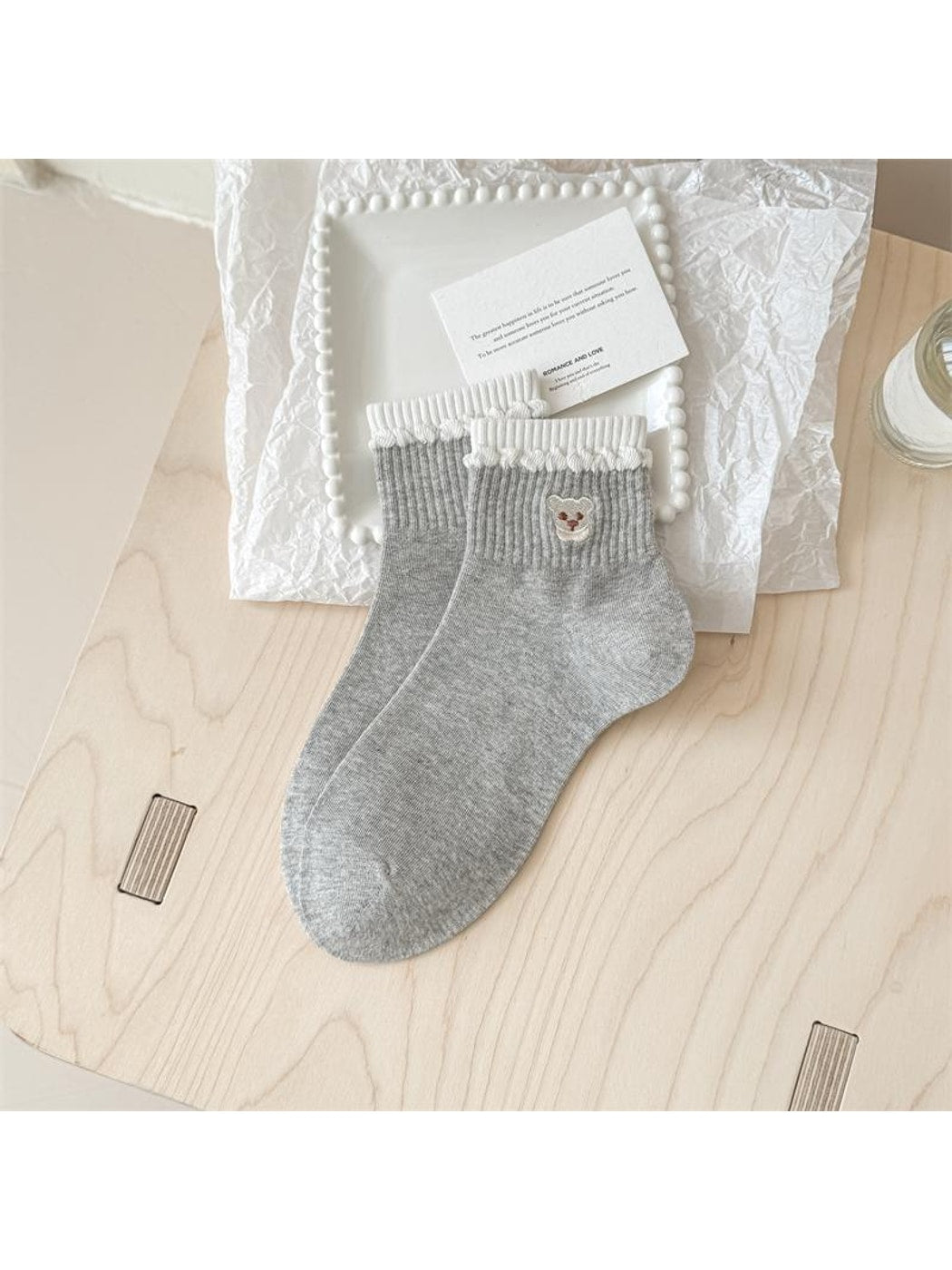 Rufia - Bear Embroidery Ribbed Ankle Socks