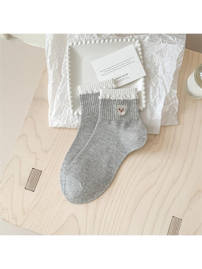 Rufia - Bear Embroidery Ribbed Ankle Socks