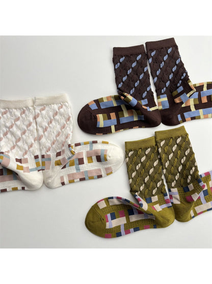 Rufia - Color Block Mid-Calf Socks – Check & Dots