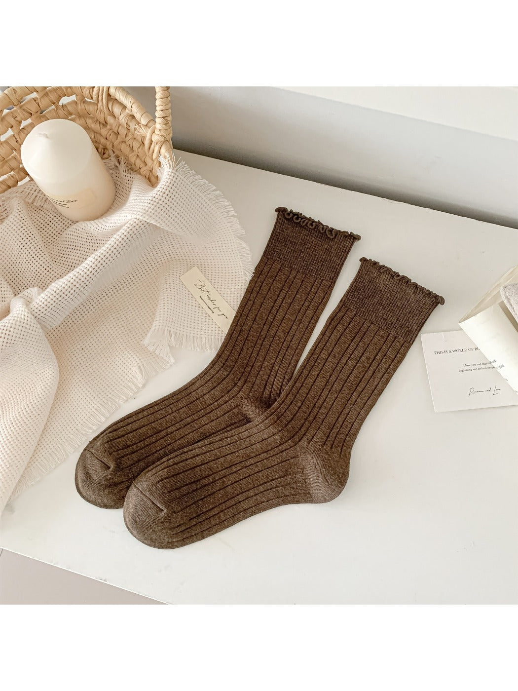 Rufia - Solid Color Ribbed Mid-Calf Socks