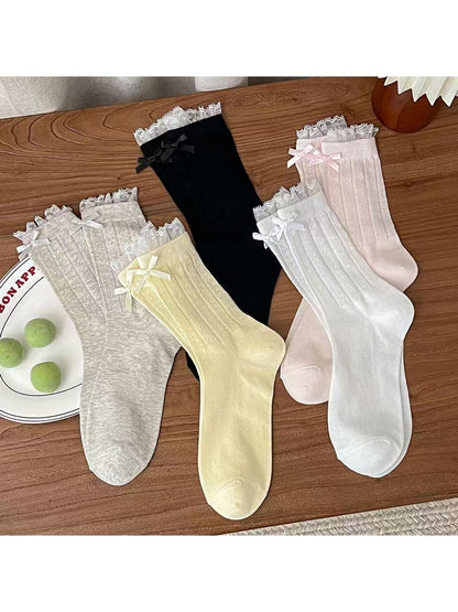 Rufia - Bow Detail Lace Cuffs Crew Socks