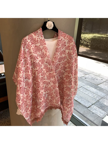 Scarvii - Floral Print Fringe Rectangular Shawl Scarf
