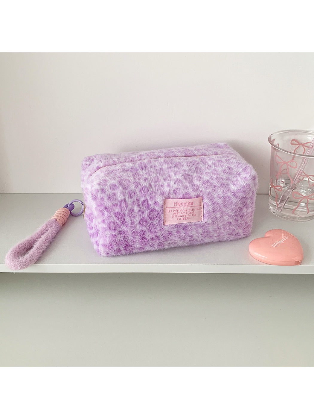 Cosbai - Plush Leopard Print Cosmetic Storage Bag