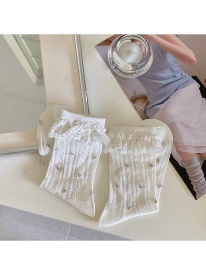Rufia - Floral Bow Detail Openwork Crew Socks