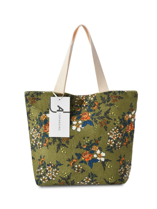 Cosbai - Vintage Artistic Floral Corduroy Tote Bag