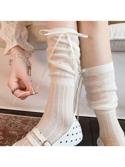 Rufia - Ribbon Bow Detail Solid Color Openwork Crew Socks