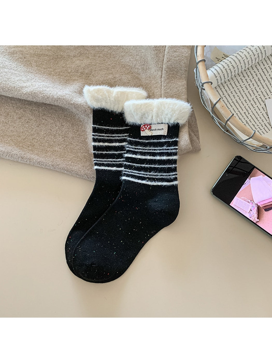 Rufia - Mushroom Label Plush Cuffs Striped Crew Socks