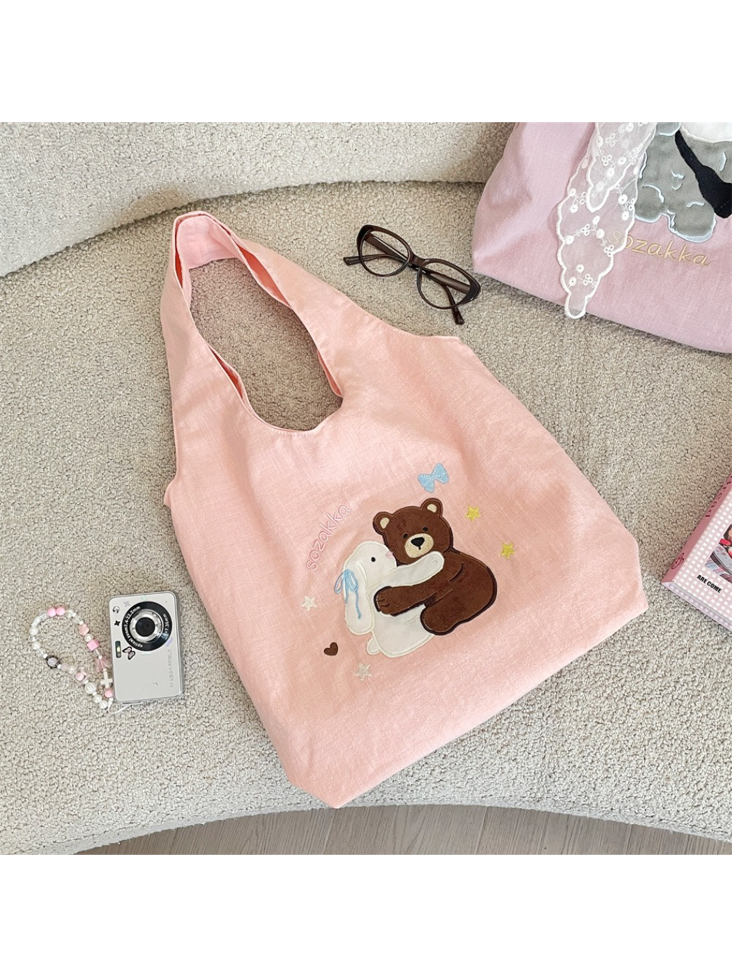 Cosbai - Embroidered Bear and Bunny Hobo Bag