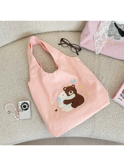 Cosbai - Embroidered Bear and Bunny Hobo Bag