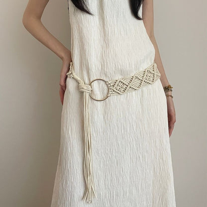 Beco Beige Braided Belt showing woven texture and tassel detail