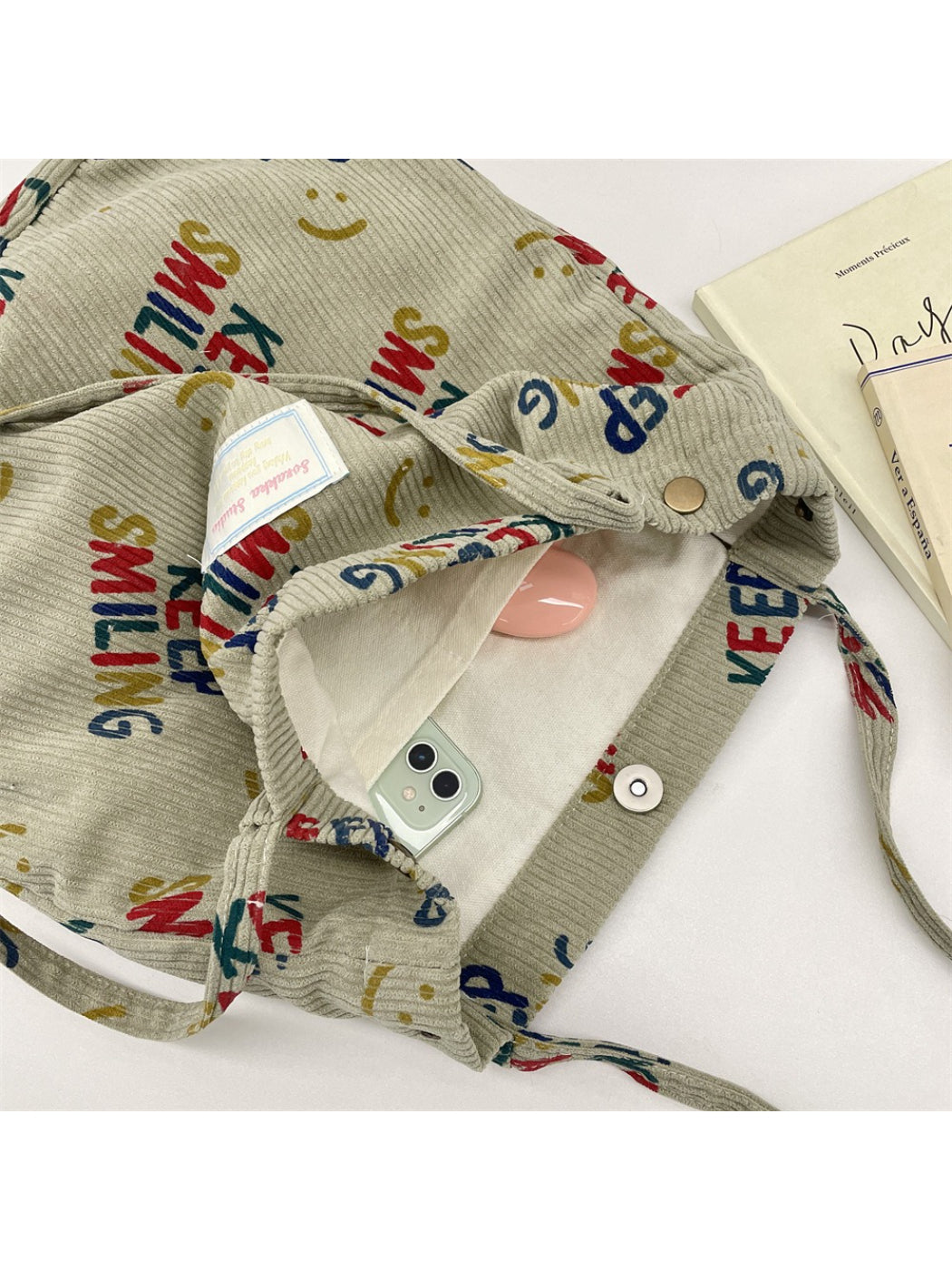 Cosbai Keep Smiling Corduroy Tote Bag angled view highlighting shape and material