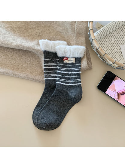 Rufia - Mushroom Label Plush Cuffs Striped Crew Socks