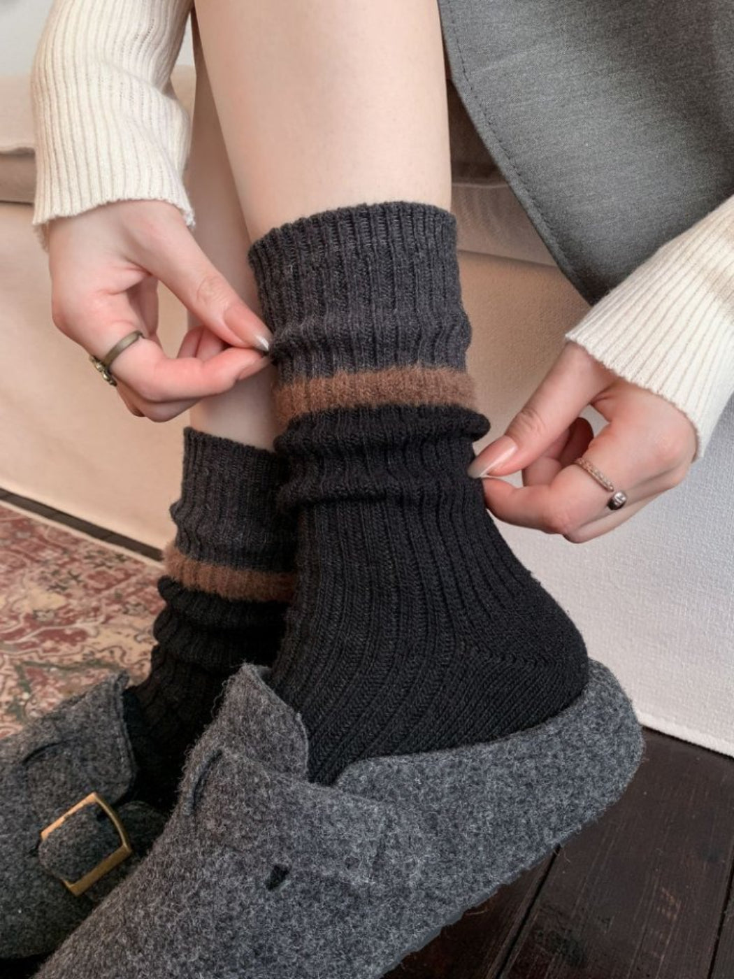 Rufia - Stacked Contrast Stripe Ribbed Crew Socks