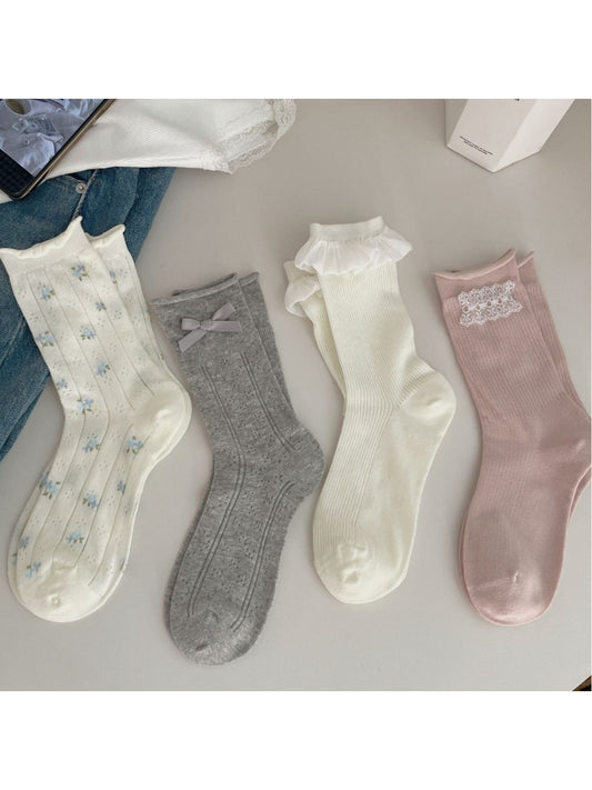 Rufia mixed charm crew socks showing floral bow ruffle and lace trim variants