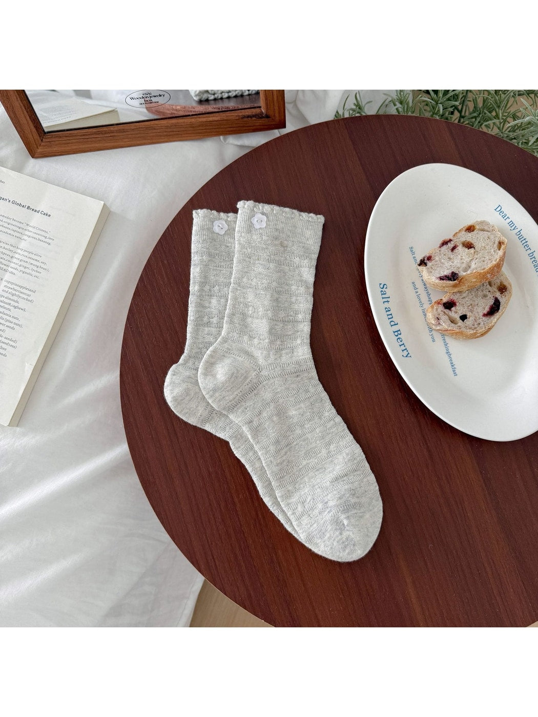 Rufia - Flower Shaped Button Accent Solid Color Crew Socks