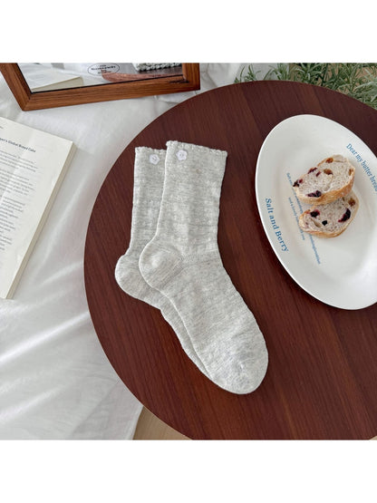 Rufia - Flower Shaped Button Accent Solid Color Crew Socks