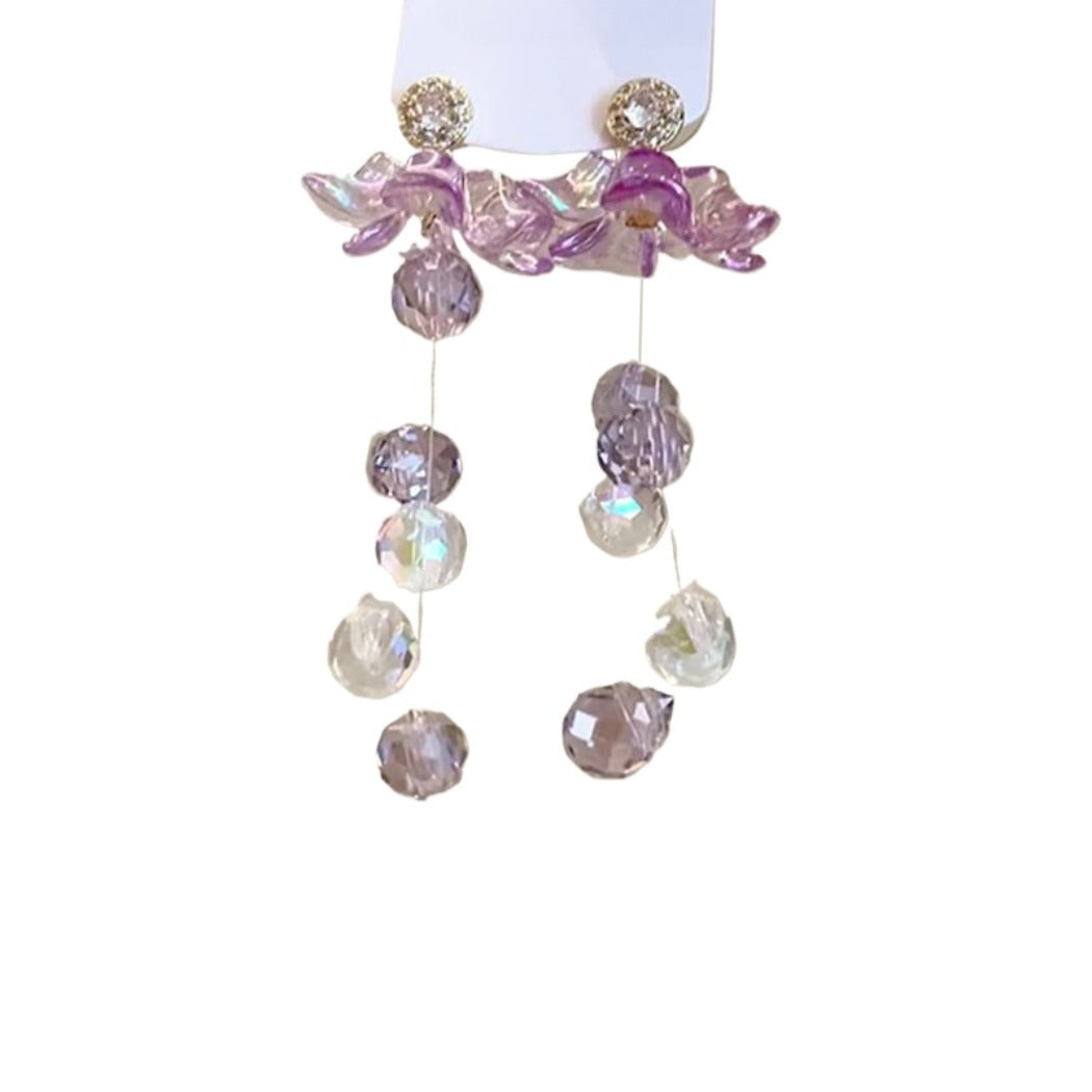 Earwish - Purple Floral & Long Beaded Fringe Earrings - Delicate