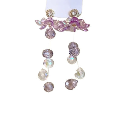 Earwish - Purple Floral & Long Beaded Fringe Earrings - Delicate