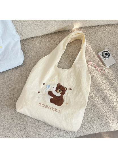 Cosbai - Embroidered Bear and Bunny Hobo Bag