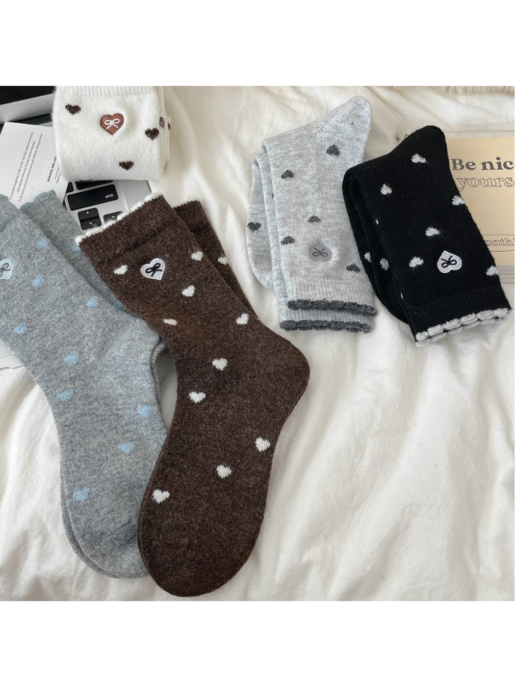 Rufia – Sweet Mid-Calf Socks with Heart & Bow Print