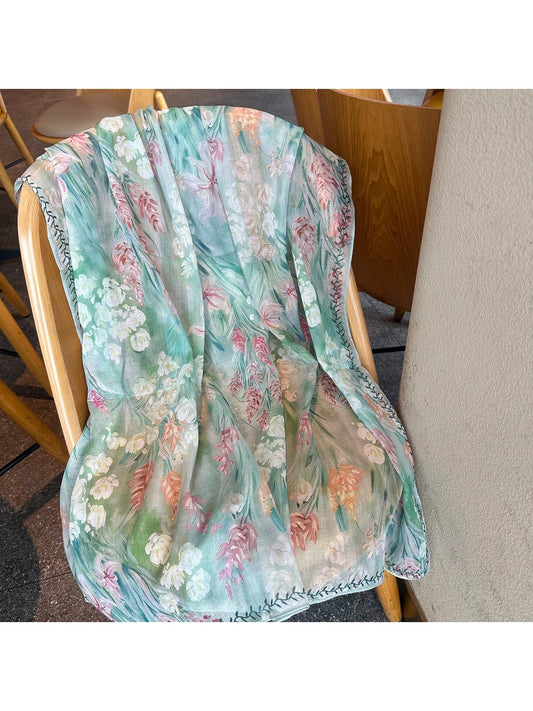 Scarvii - Fresh Light Green Floral Print Square Scarf