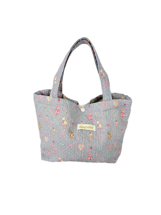 Cosbai – Quilted Floral & Bear Printed Tote Bag