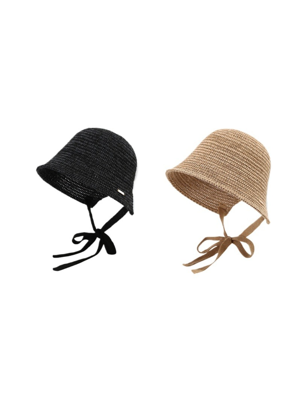 Haila woven straw bucket hat with ribbon tie displayed on a white background