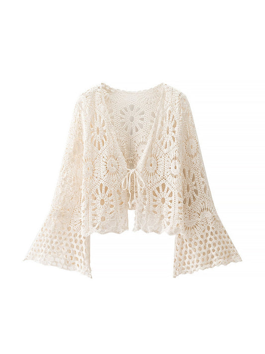 Crosa - Tie Front V Neck Knit Openwork Cardigan