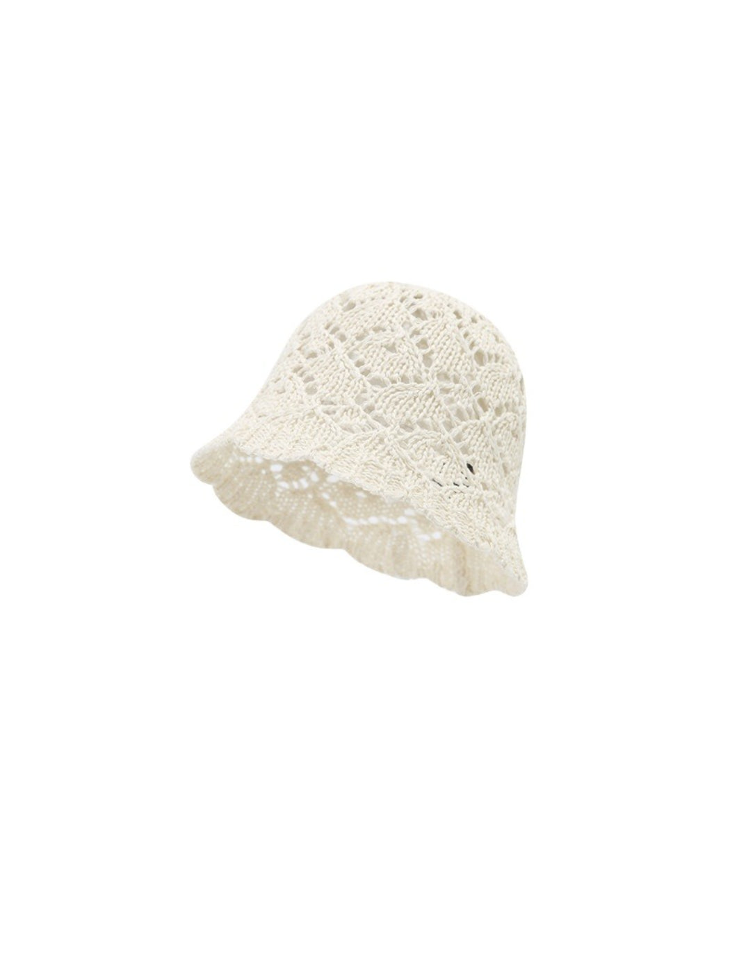 Haila lace knit bucket hat folded to show scallop edge design