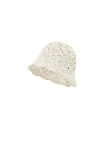 Haila lace knit bucket hat folded to show scallop edge design