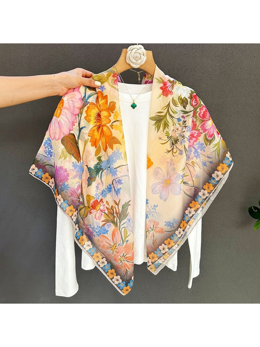 Scarvii - Garden Motif Printed Fashion Square Scarf