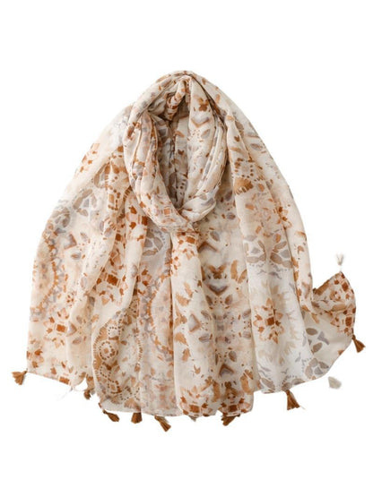 Scarvii - Neutral Watercolor Floral Tassel Wrap Scarf