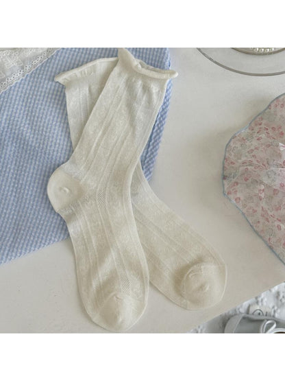 Rufia - White Rolled Cuff Decorative Crew Socks