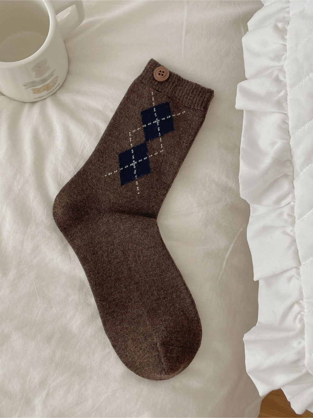 Rufia - Argyle Crew Socks with Button Detail