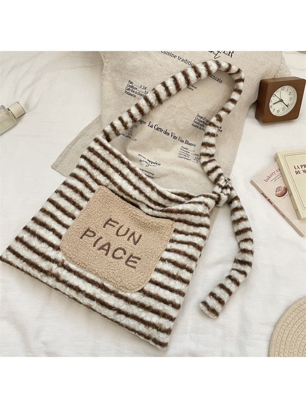 Cosbai - Plush Striped Tote Handbag with Patch