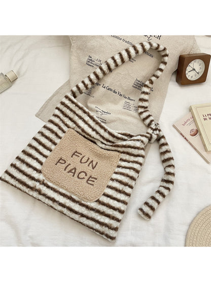 Cosbai - Plush Striped Tote Handbag with Patch