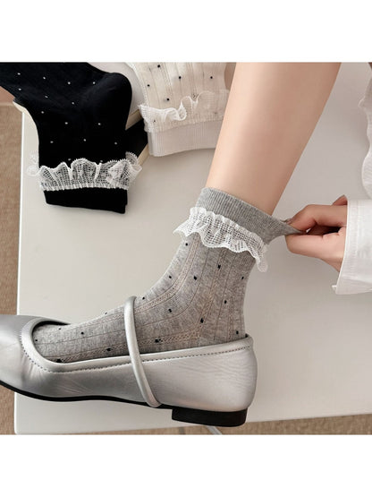 Rufia - Polka Dot Ruffle Lace Trim Crew Socks