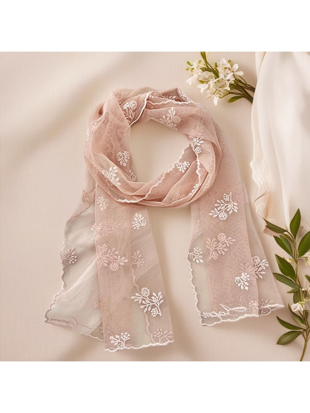 Scarvii - Elegant Floral Embroidered Long Lace Scarf
