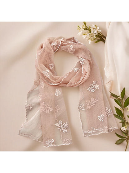 Scarvii - Elegant Floral Embroidered Long Lace Scarf