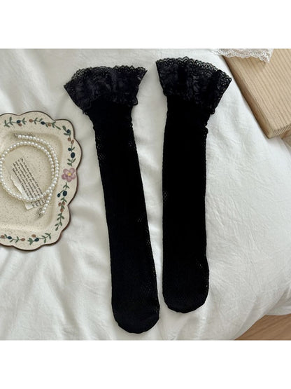Rufia - Decorative Lace Edge Sheer Mesh Mid-calf Socks