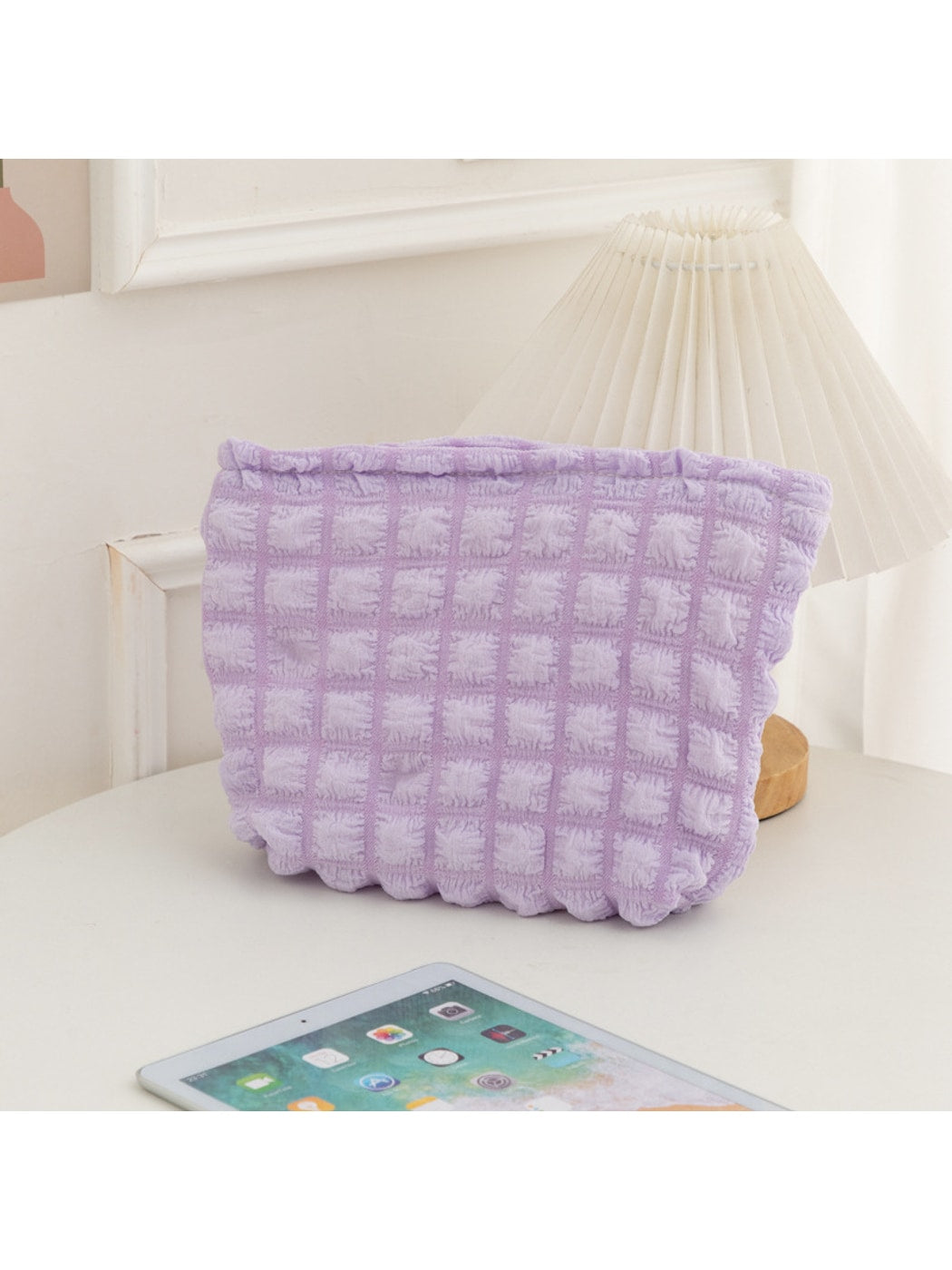 Cosbai - Puff-textured Solid Color and Stripes Zip Pouch
