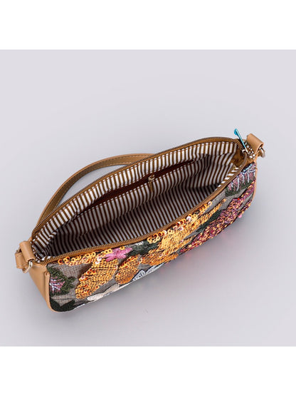 Side view of Cosbai Floral Sequin Shoulder Bag highlighting gold chain strap