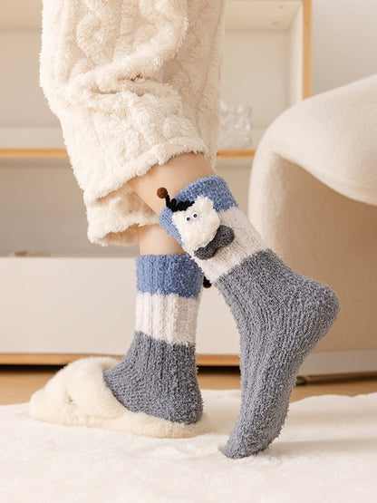 Rufia - Winter Coral Fleece Mid-Calf Socks with 3D Cartoon Accent