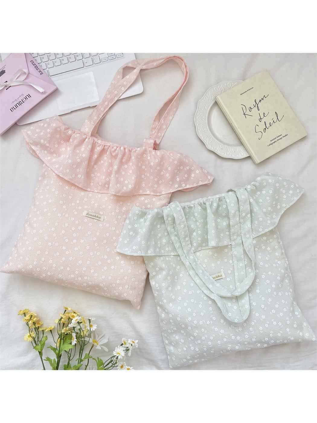 Cosbai Tiny Floral Ruffle Tote Bag with small floral print and ruffle detail on top edge