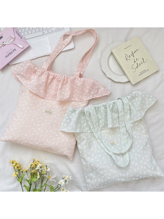 Cosbai Tiny Floral Ruffle Tote Bag with small floral print and ruffle detail on top edge