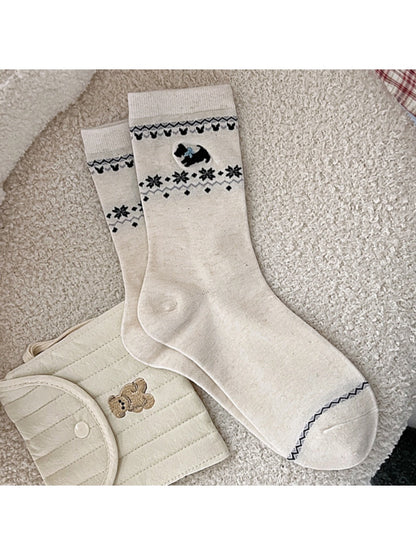 Rufia - Winter Mid-Calf Socks with Puppy & Floral Pattern