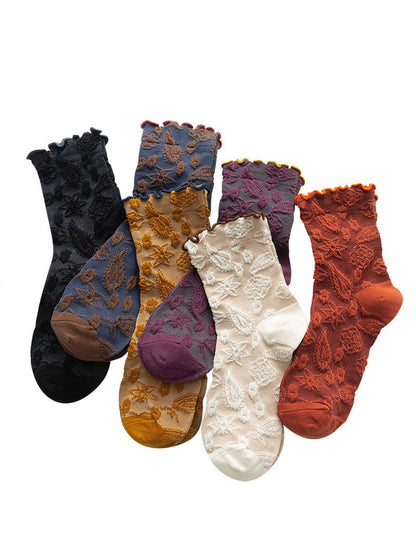 Rufia - Scalloped Trim Floral Pattern Crew Socks