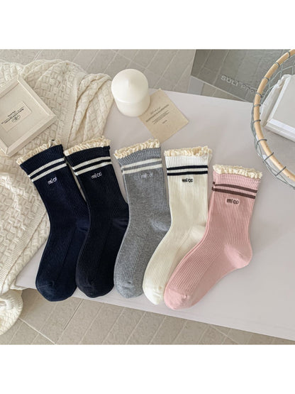 Rufia - Lace Trim Stripe Ribbed Crew Socks